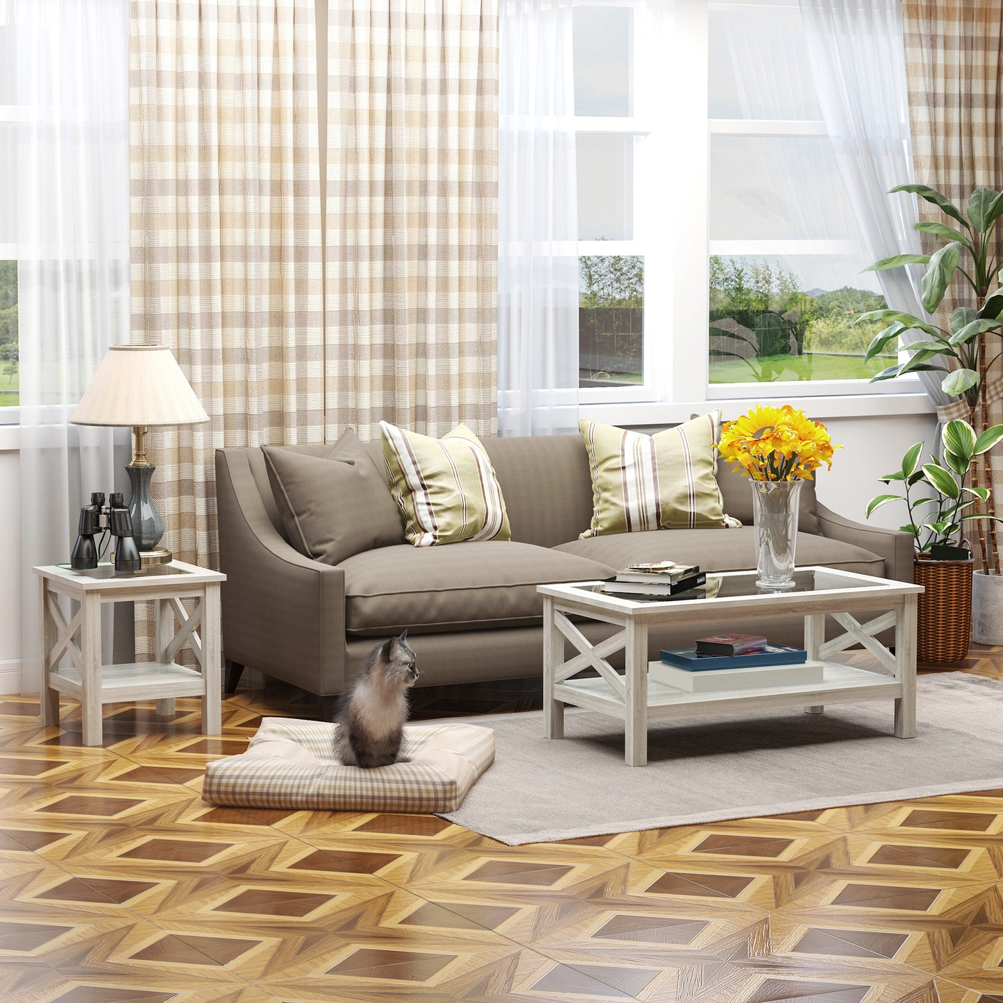 HOMCOM Farmhouse Coffee Table: Tempered Glass Top, Two-Tier Storage Shelf