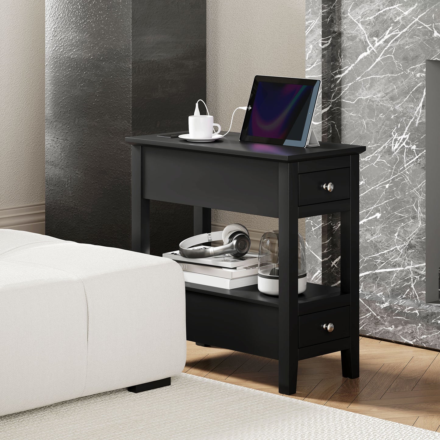 HOMCOM Narrow Side Table: Charging Station, USB, Storage Drawers, Black