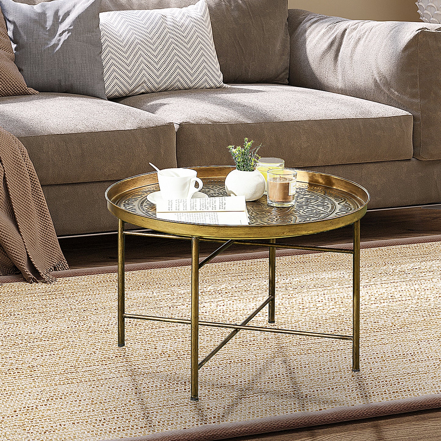 HOMCOM Vintage Gold Coffee Table 24" Round Center – Boho Elegance