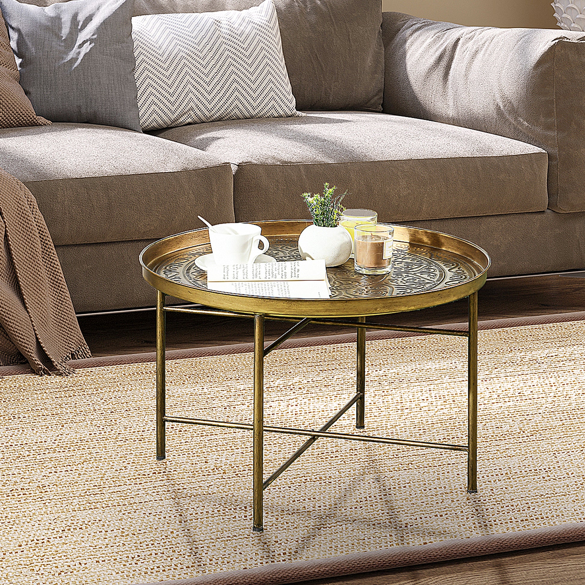 HOMCOM Vintage Gold Coffee Table 24" Round Center – Boho Elegance