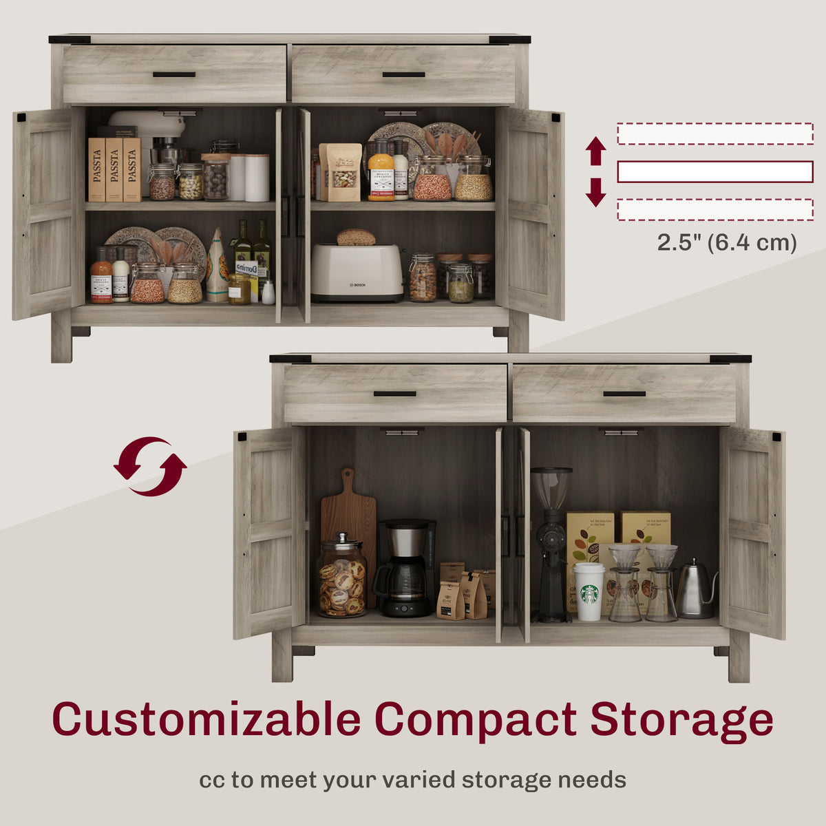 Farmhouse Kitchen Storage Cabinet with 2 Drawers and Shelves – 47"W x 33"H
