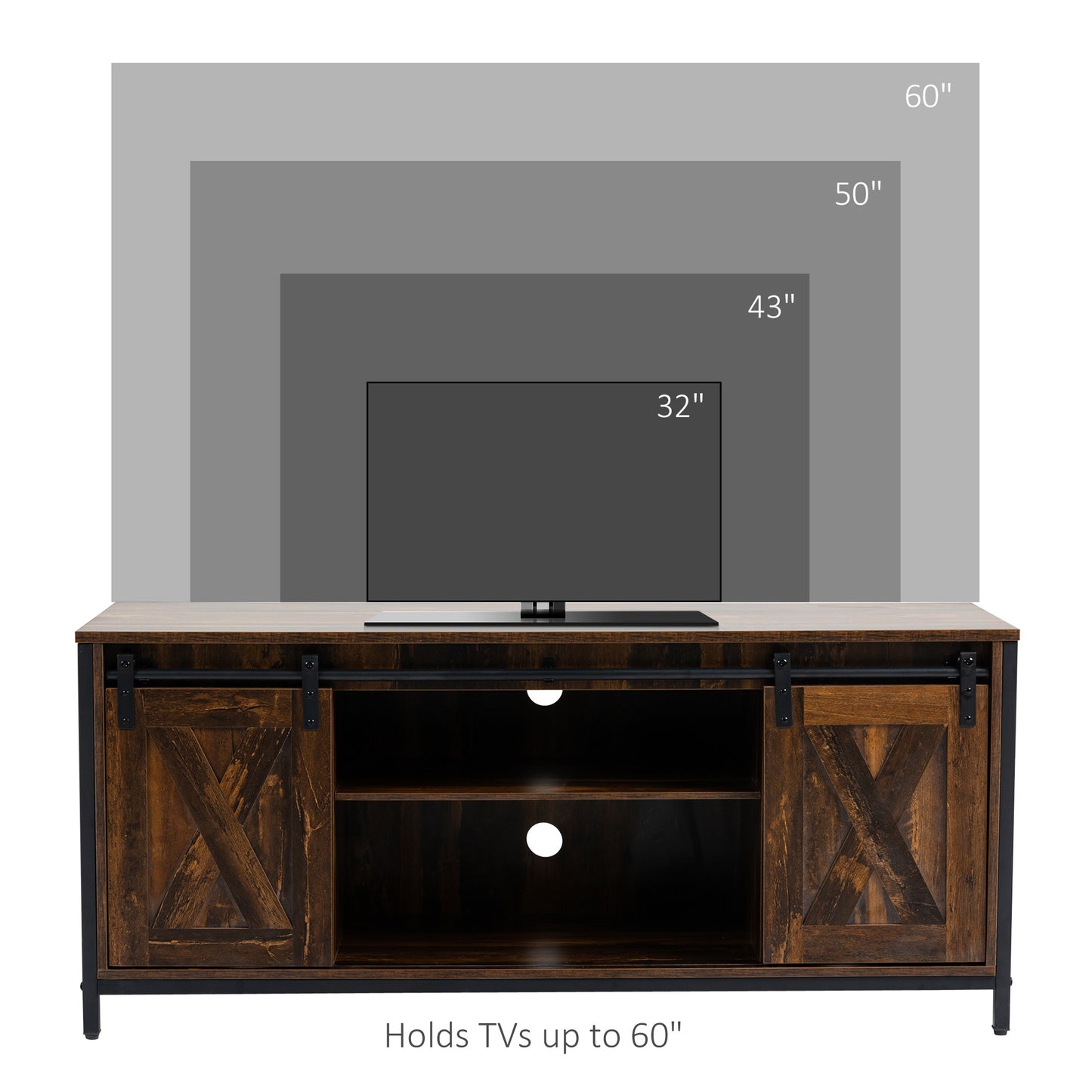 HOMCOM Industrial TV Stand for 60-inch TVs, Sliding Barn Doors & Storage, Brown