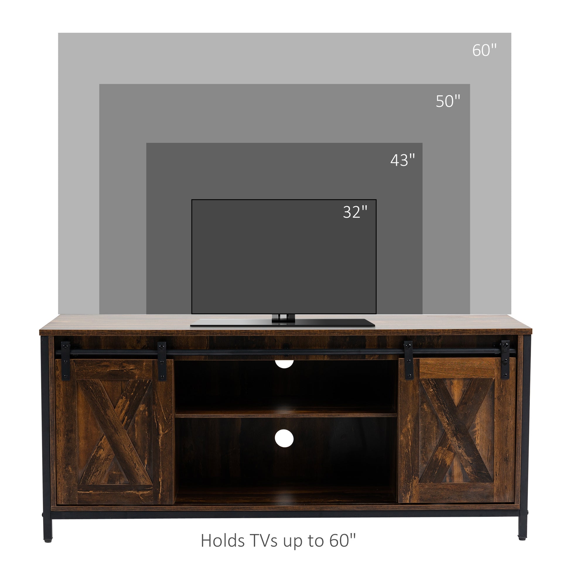 HOMCOM Industrial TV Stand for 60-inch TVs, Sliding Barn Doors & Storage, Brown