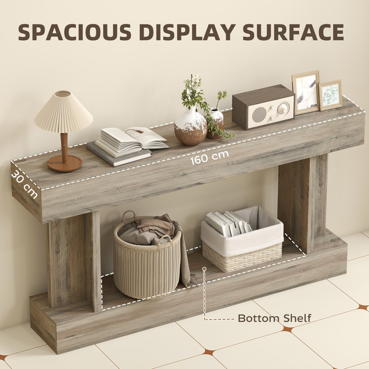 63" Long Vintage Console Table with Storage Shelf, Light Brown