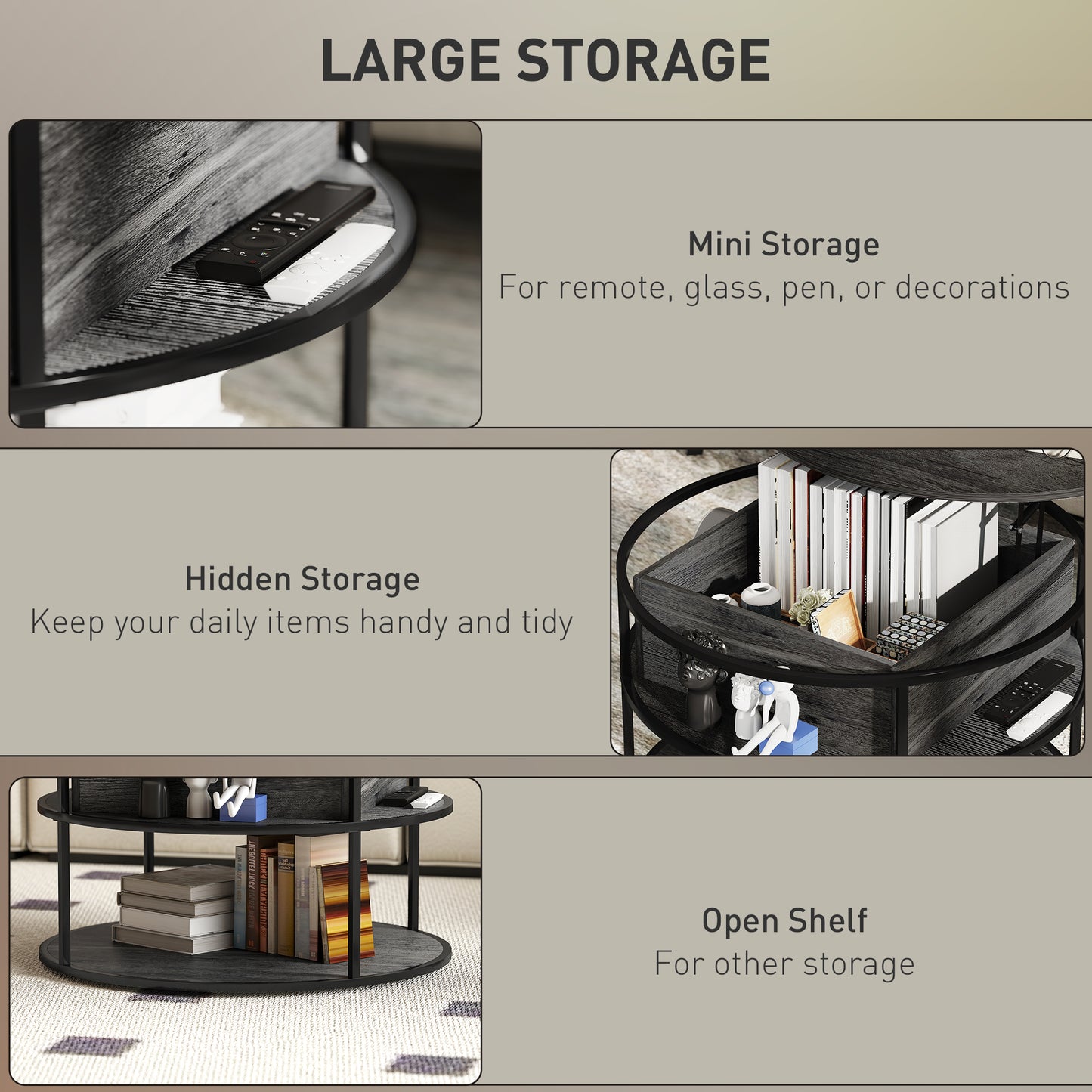 HOMCOM Round Lift Top Coffee Table with Hidden Storage & Steel Frame