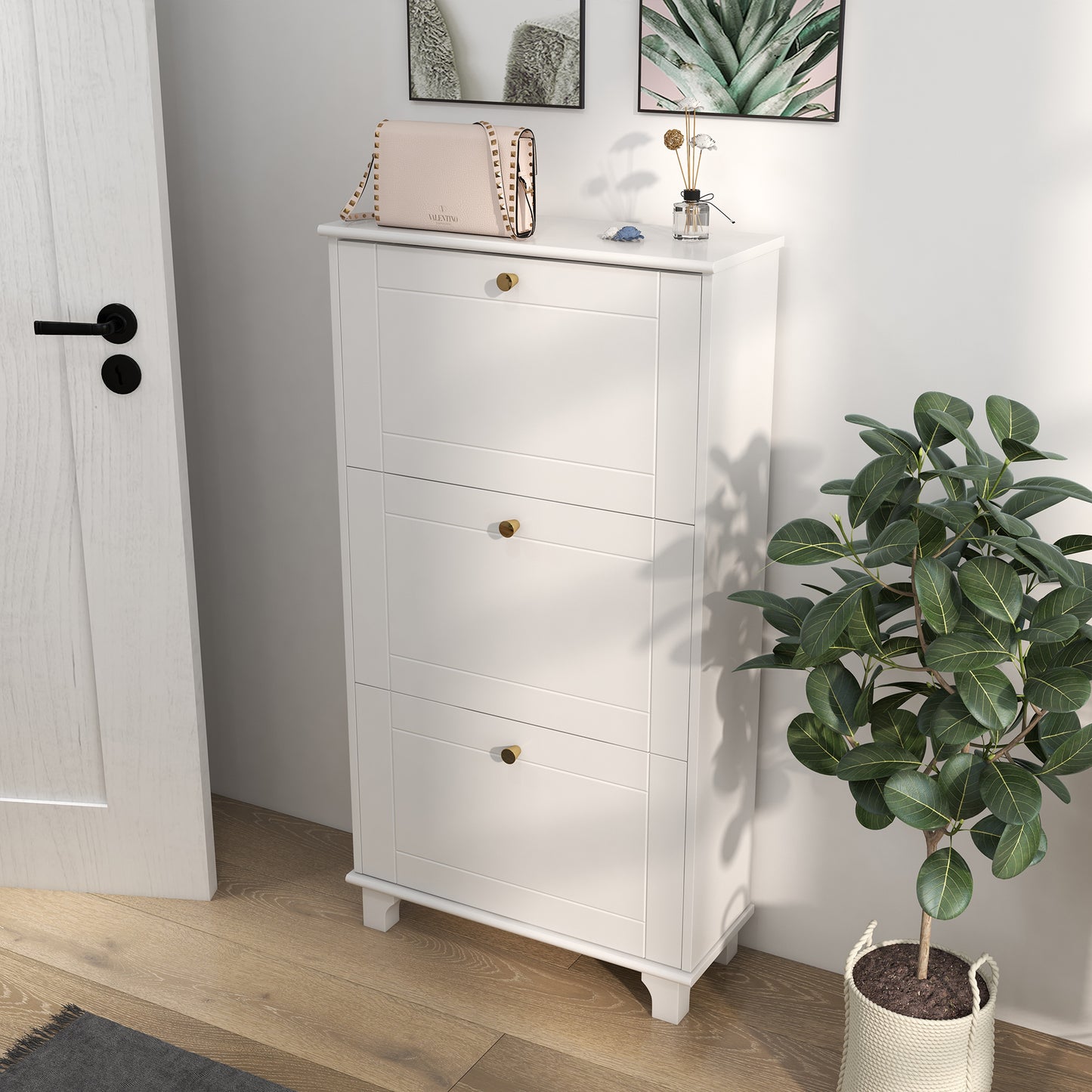 Slim White Shoe Storage Cabinet with 3 Flip Drawers, Adjustable Shelves