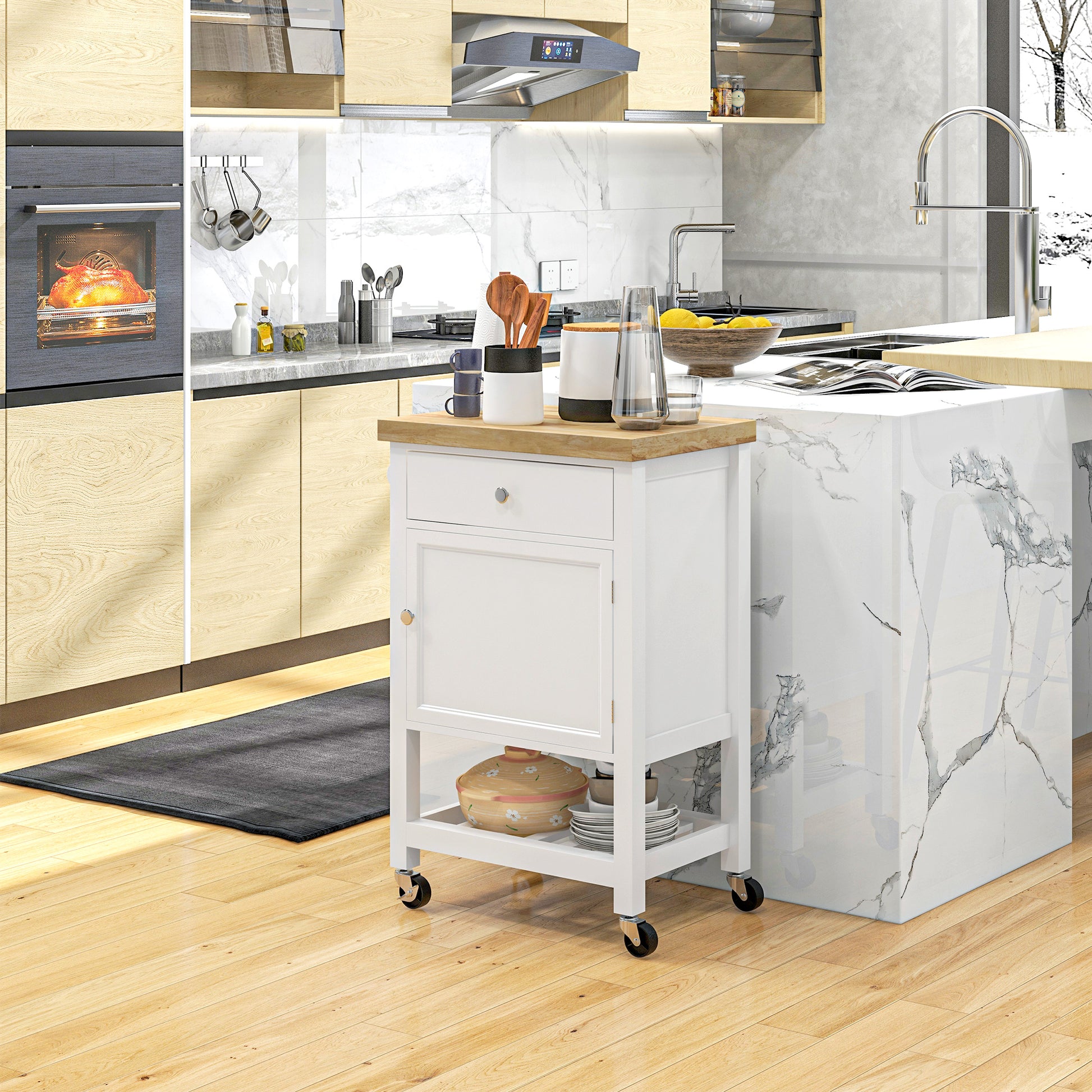 HOMCOM Rolling Kitchen Island Cart With Wood Top, White