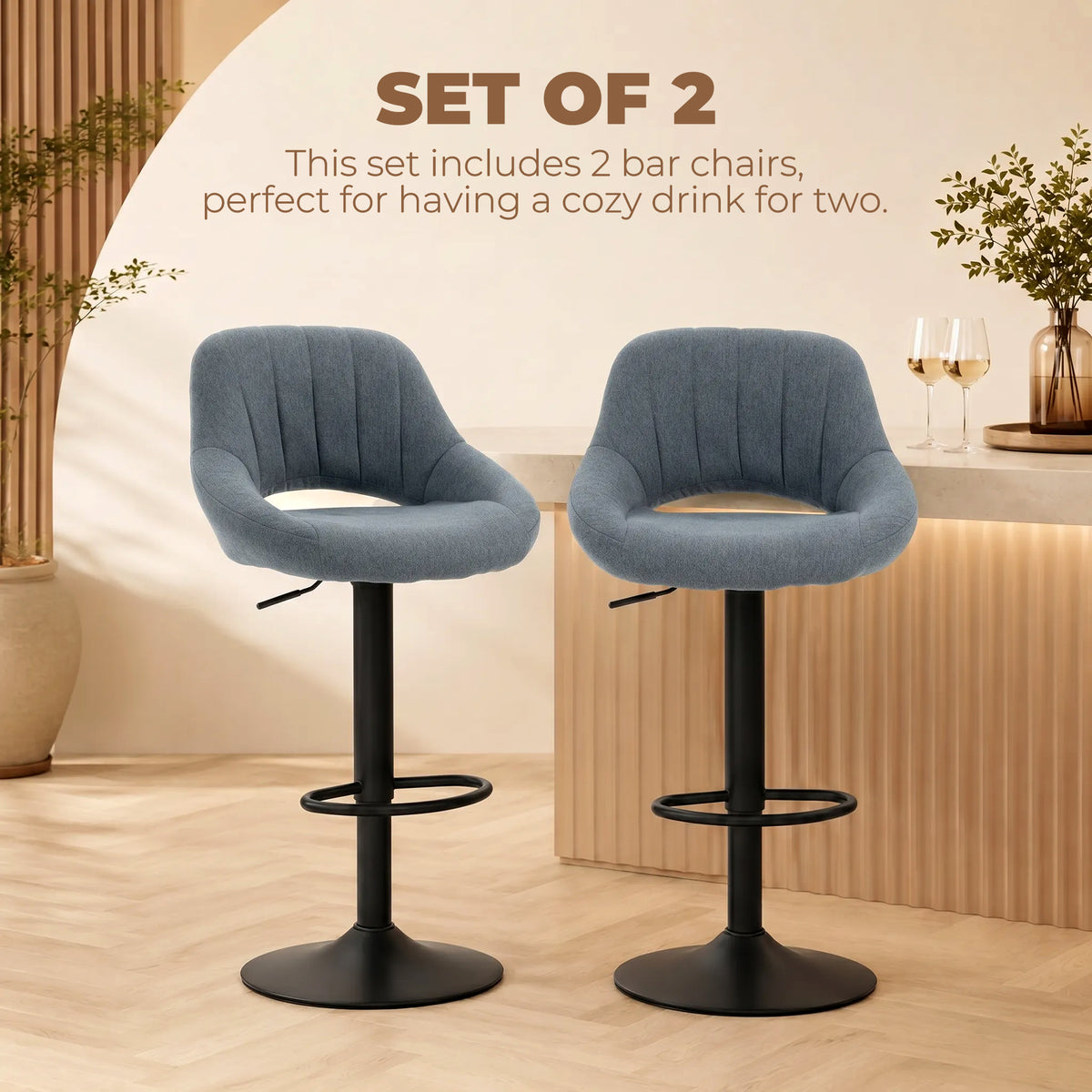 Linen Swivel Counter Stools with Round Metal Base, Set of 2
