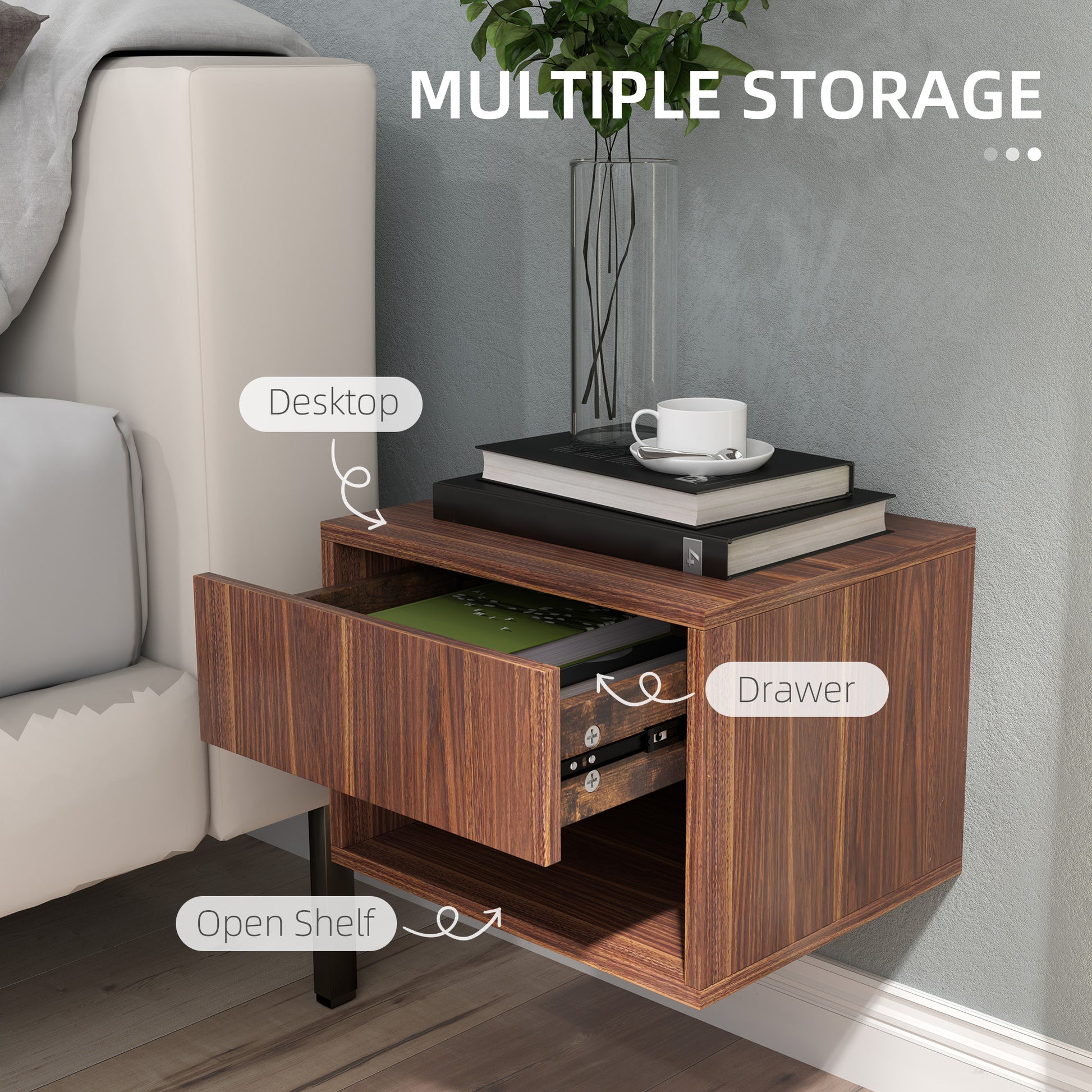 HOMCOM Floating Wall Mounted Nightstands Set of 2 with Drawer, Brown Finish