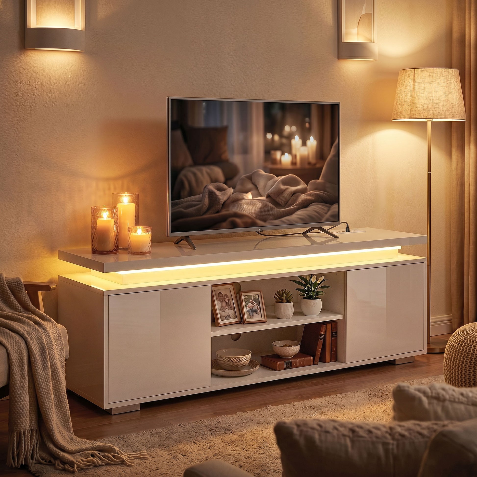 HOMCOM TV Stand with LED Lights, High Gloss White