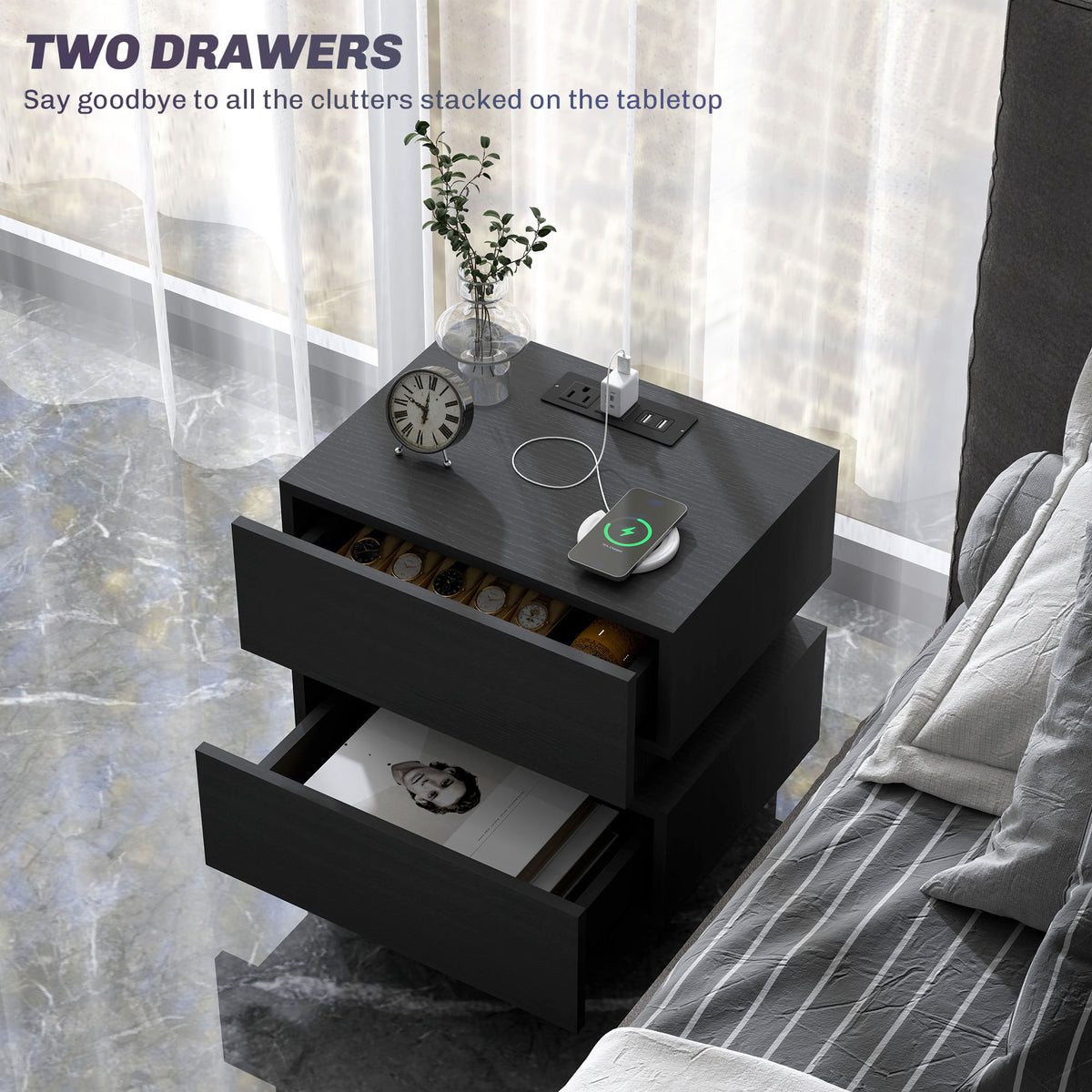 Nightstand with Charging Station and LED Light – 18"W x 18"H