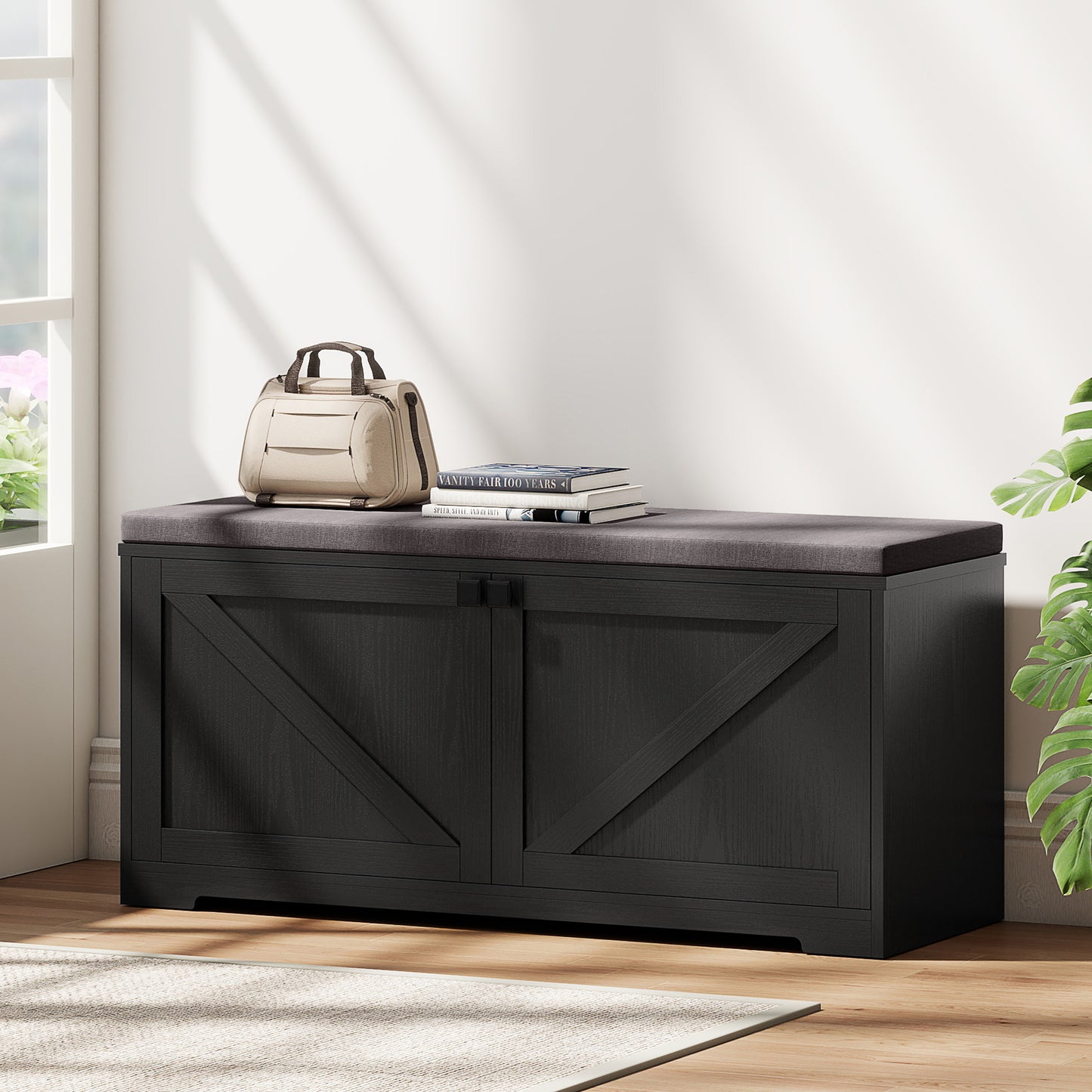 HOMCOM Entryway Shoe Storage Bench, Padded Seat, 8-Pair Organizer, Black Wood Grain