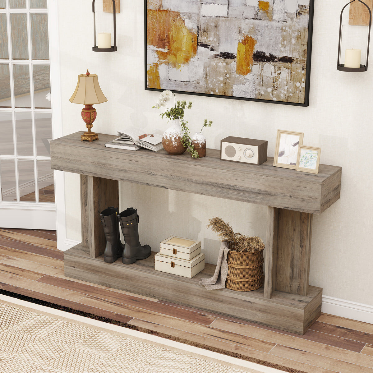 63" Long Vintage Console Table with Storage Shelf, Light Brown
