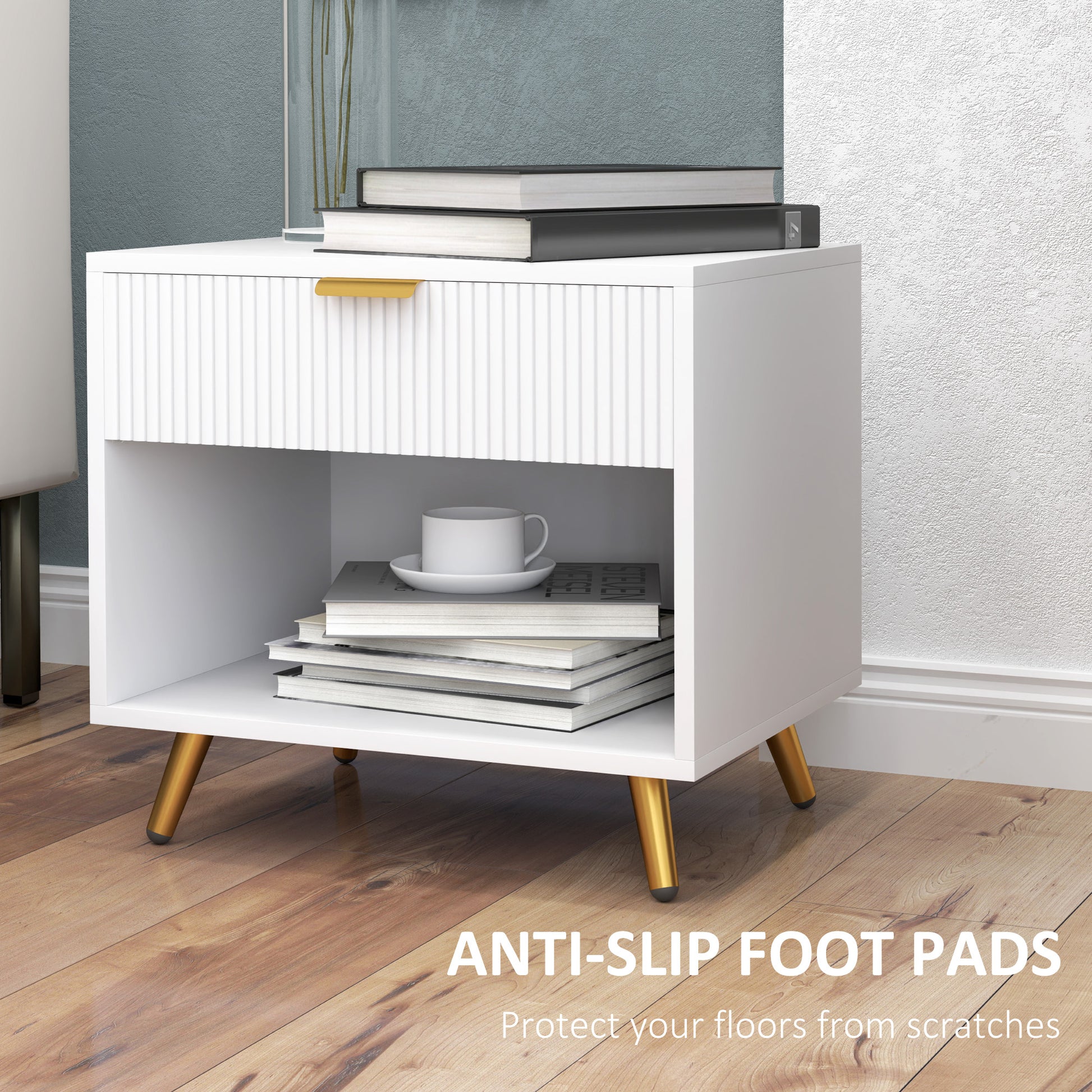 Modern White Fluted Panel Nightstand with Drawer, Open Storage, Gold Legs