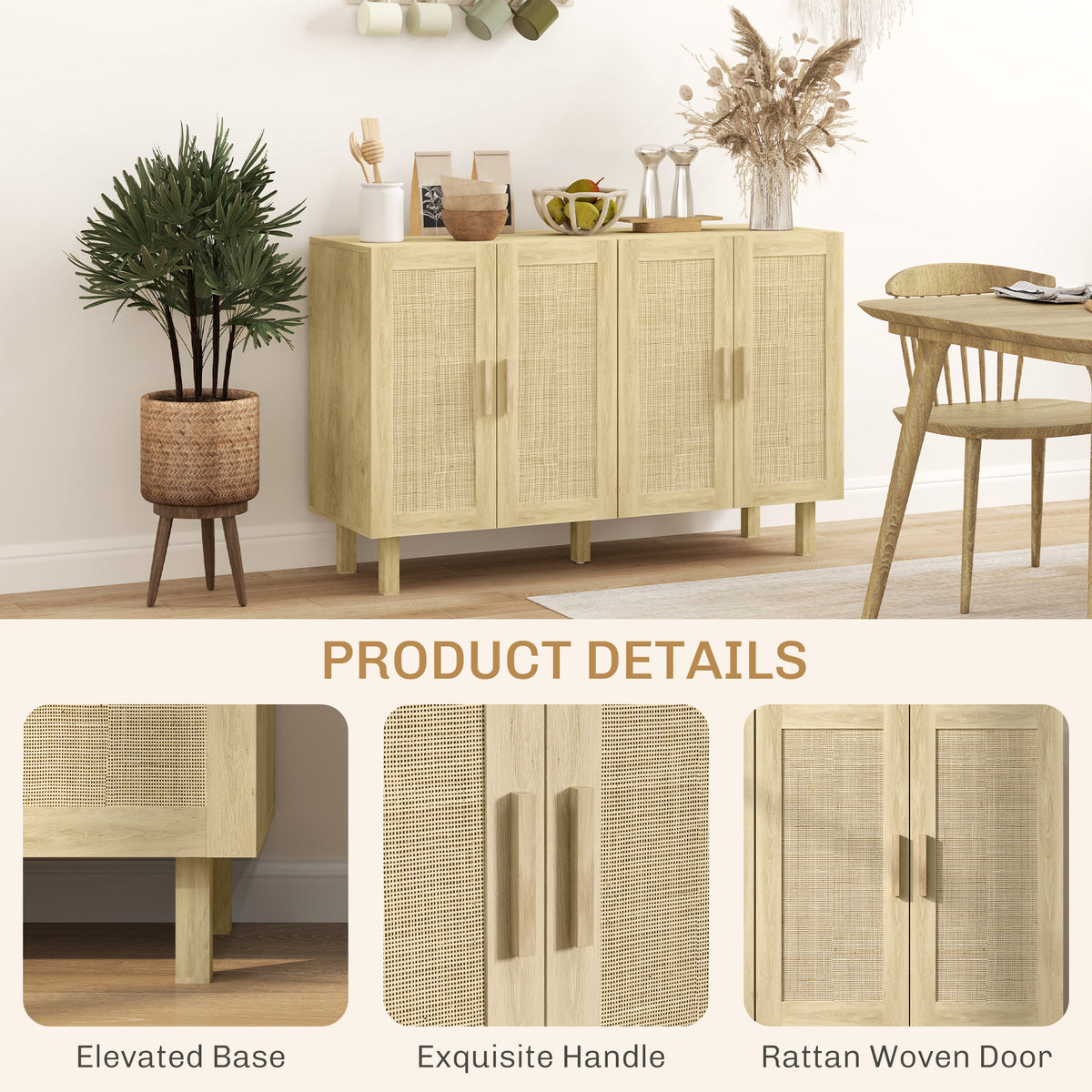 Boho Sideboard Buffet Cabinet with 4 Rattan Doors and Adjustable Shelves – 47"W x 30"H
