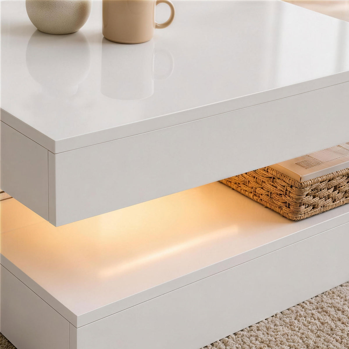 Square LED Coffee Table with 2-Tier Open Storage, High Gloss White