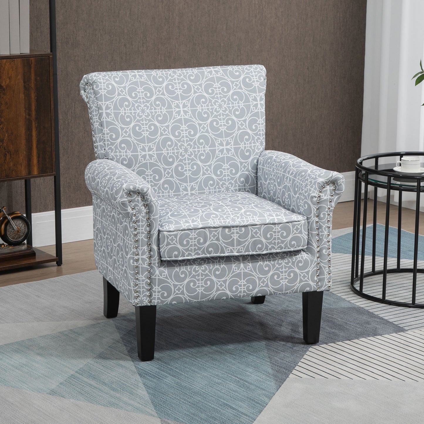 HOMCOM Modern Grey Linen Accent Chair, Rolled Arms, Nailhead Trim, Rubberwood Legs