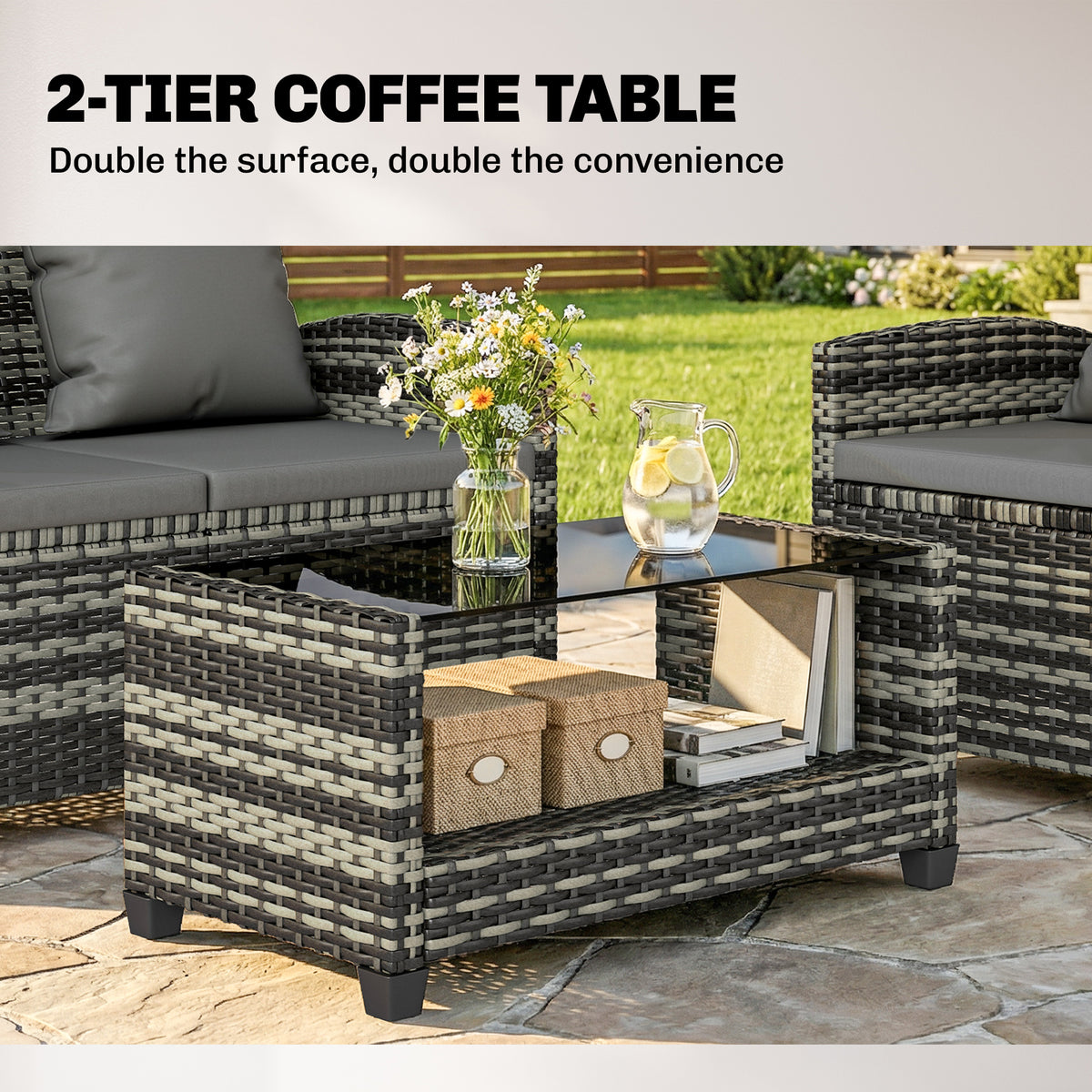 4-Piece Outdoor Wicker Patio Furniture Conversation Set, Includes Loveseat, Chairs and 2-Tier Table with Cushions, Modern Rattan Sofa Set for Backyard – Dark Grey