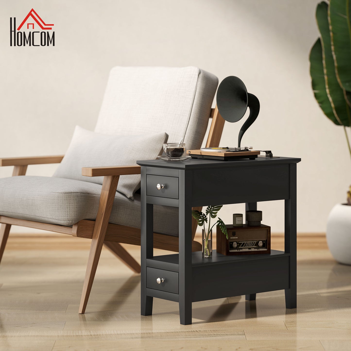 HOMCOM Narrow Side Table: Charging Station, USB, Storage Drawers, Black