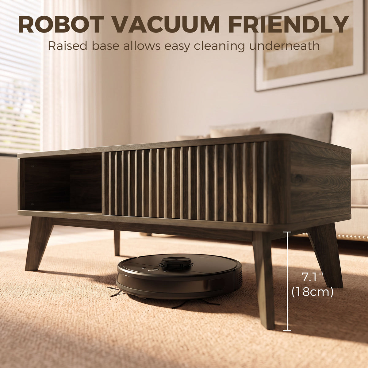 HOMCOM 40" Fluted Lift Top Coffee Table with Storage, Mid-Century Coffee Table with Hidden Compartment, Open Shelf, Walnut