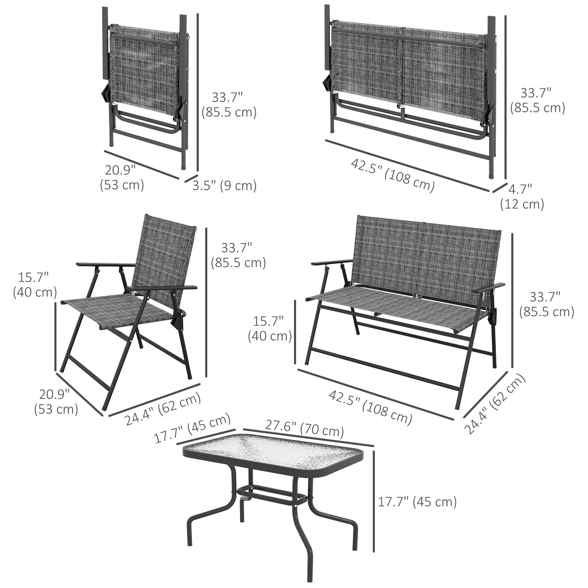 Outdoor 4 Pieces Patio Furniture Set, Garden Set with Two Foldable Armchairs, a Loveseat & Glass Top Table – Mixed Grey