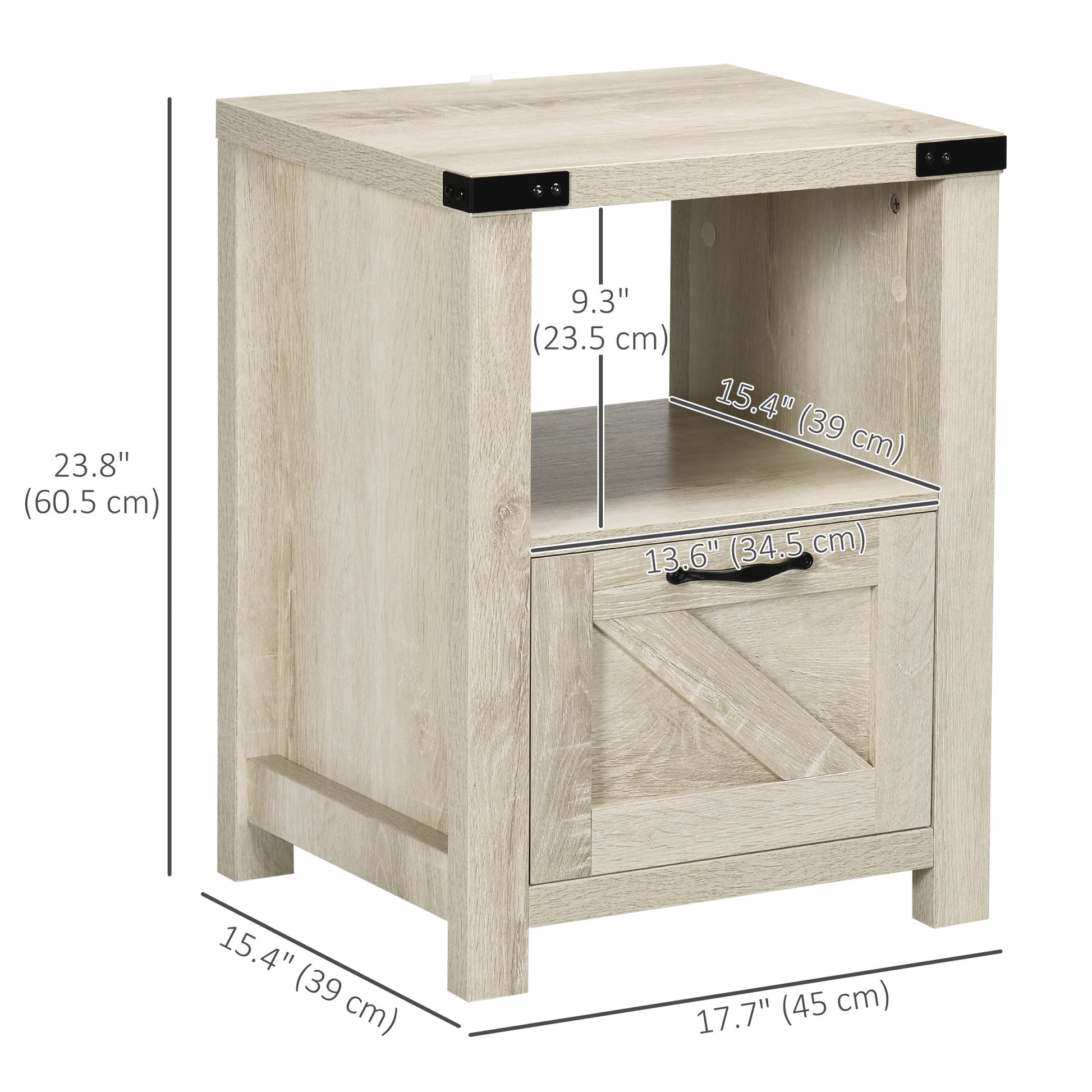 HOMCOM Farmhouse Side End Table with Drawer, Open Shelf & Barn-Style Panel