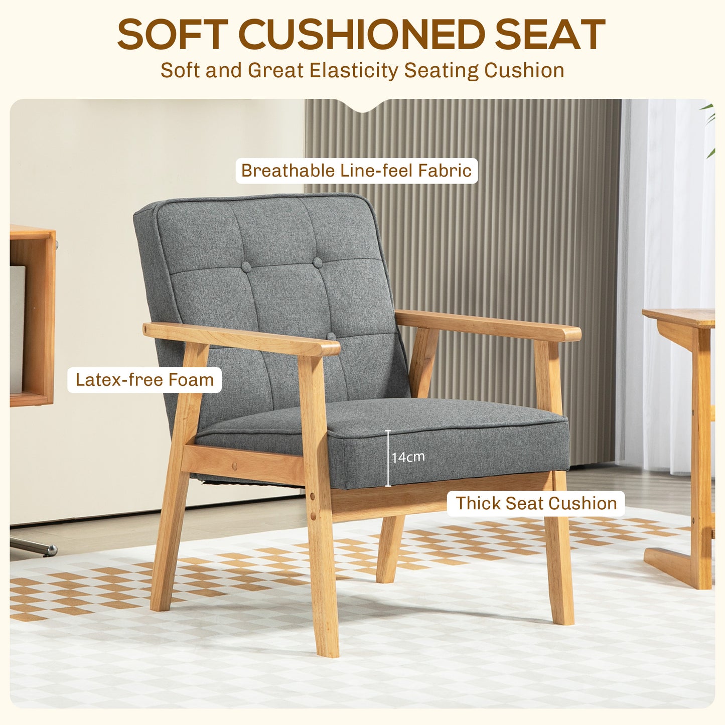 Modern Grey Linen Fabric Button Tufted Accent Chair Solid Wood Frame