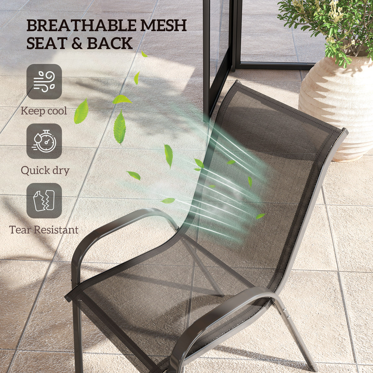 Set of 4 Outdoor Dining Chairs, Stackable Lawn Chairs with High Back, Breathable Mesh Seat for Garden Porch – Black