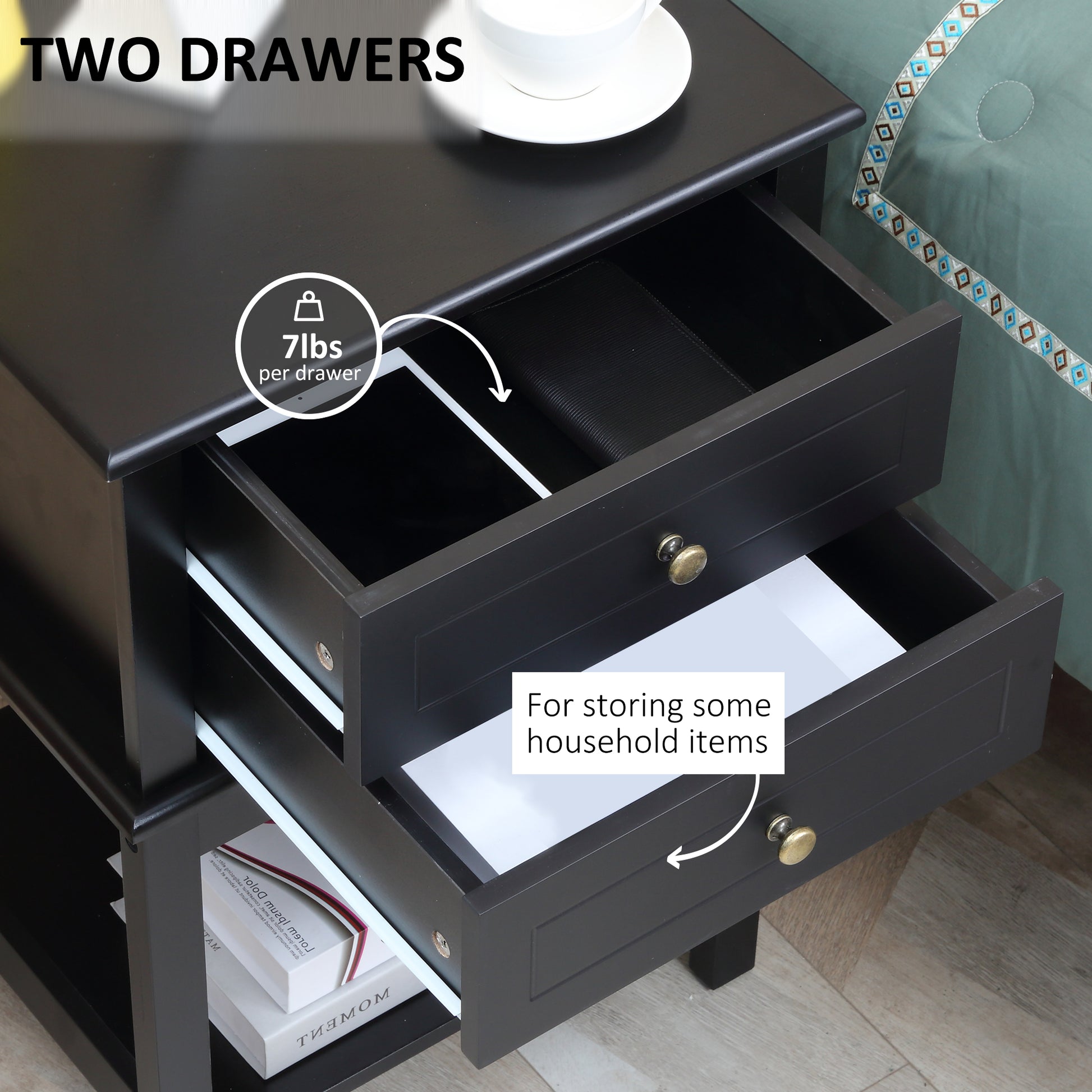 HOMCOM Modern Black Sofa Side Table with Drawers & Storage Shelf
