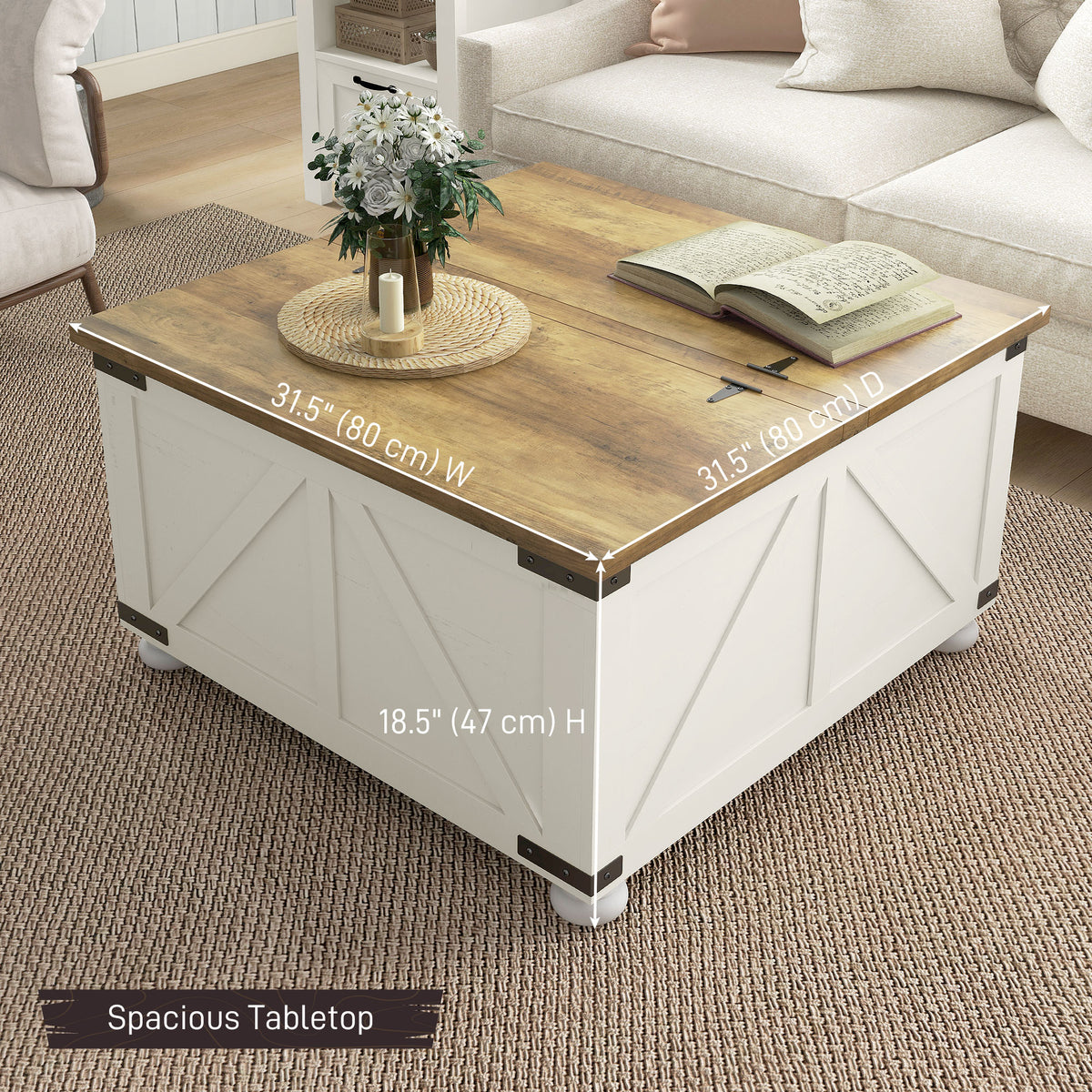 Farmhouse Square Coffee Table with Flip-Top Lids and Hidden Storage