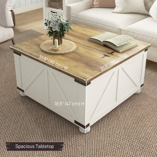 Farmhouse Square Coffee Table with Flip-Top Lids and Hidden Storage
