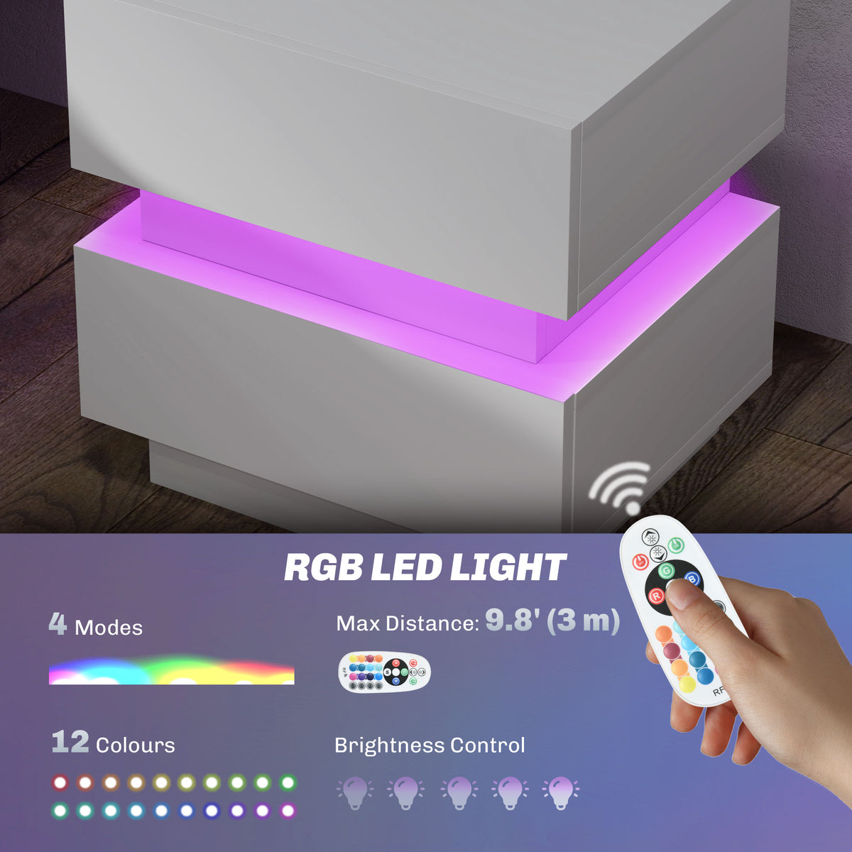 Nightstand with Charging Station and LED Light – 18"W x 18"H