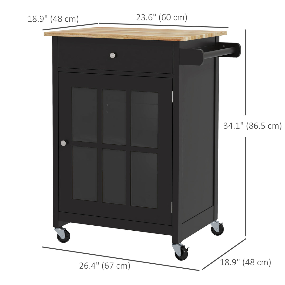 Rolling Kitchen Cart with Drawer and Glass Door Cabinet – 26"W x 34"H