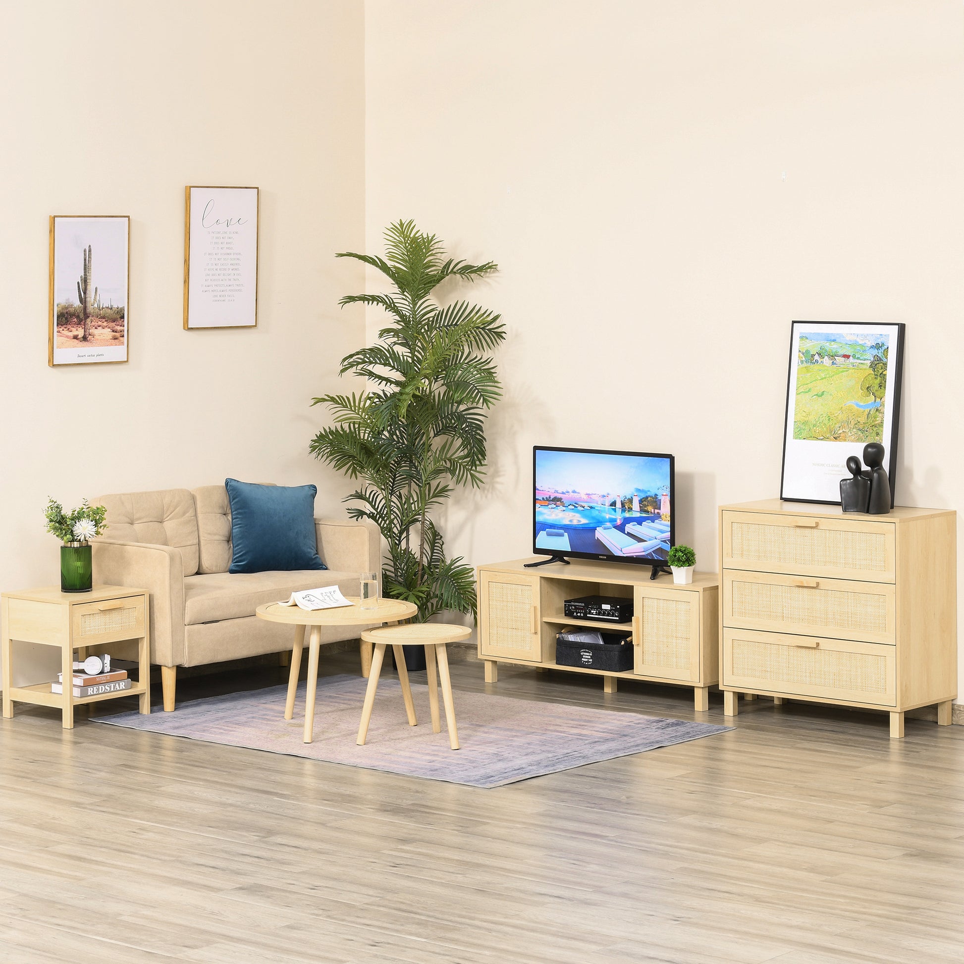 HOMCOM Natural Rattan Nightstand: Modern Bedside End Table with Storage