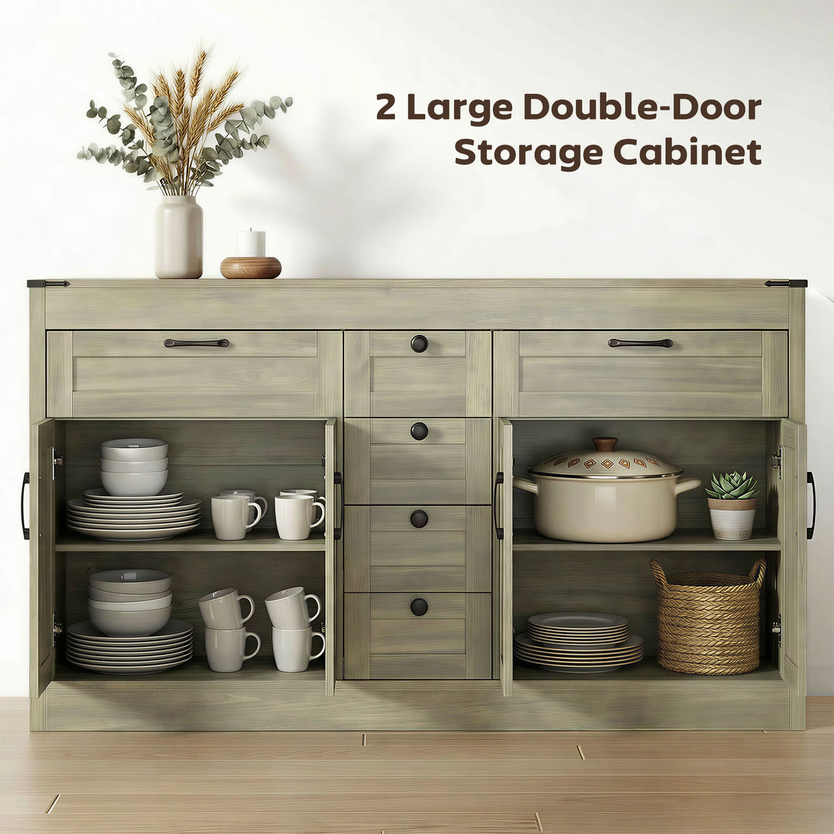 Farmhouse Kitchen Cabinet with 4 Barn Doors – 55"W x 32"H