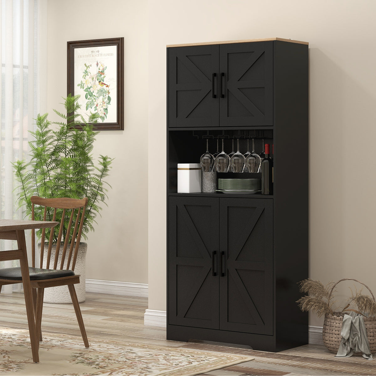 Freestanding Hutch Storage Cabinet with Microwave Oven Countertop – 28"W x 68"H