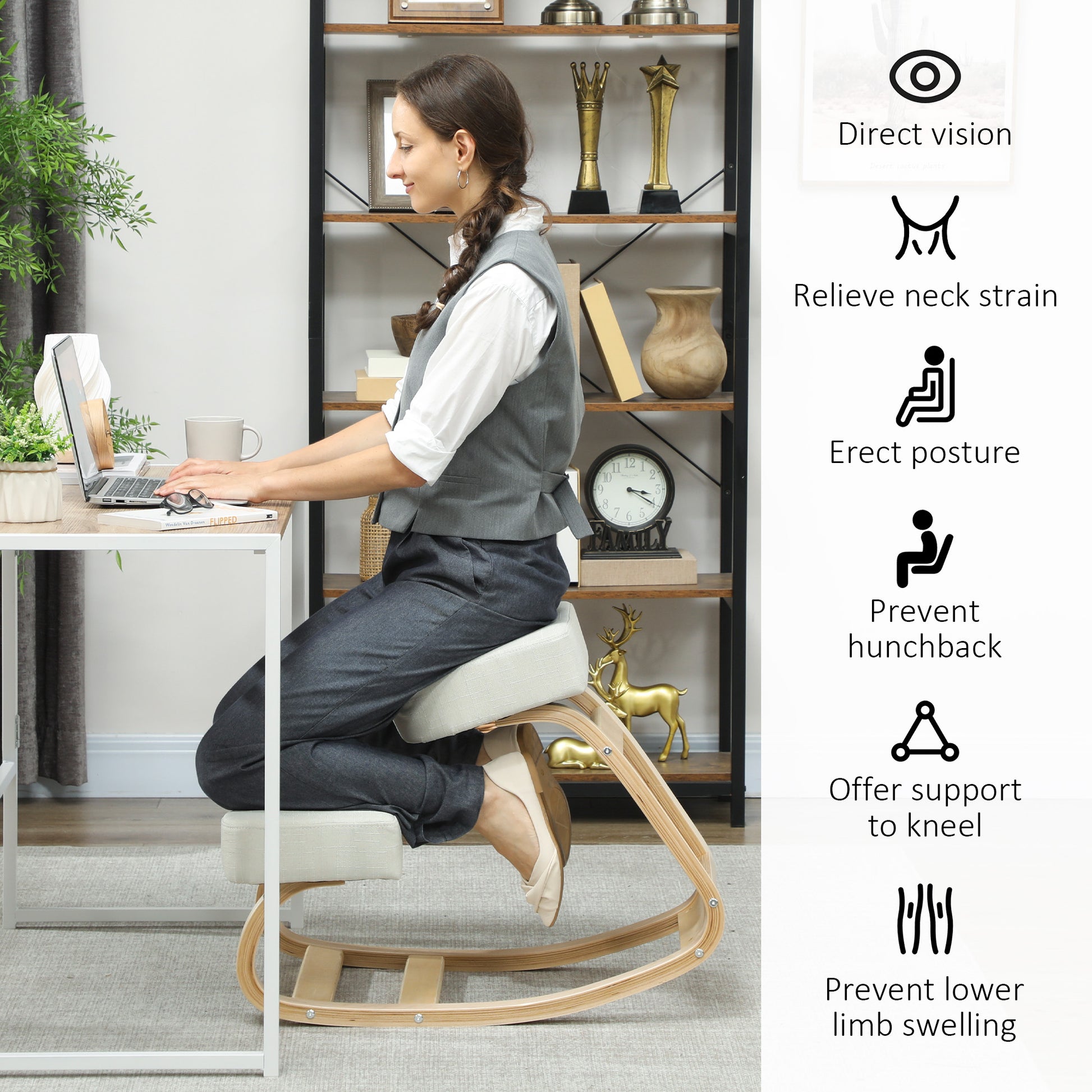 HOMCOM Ergonomic Wood Kneeling Desk Chair with Thick Pads for Posture
