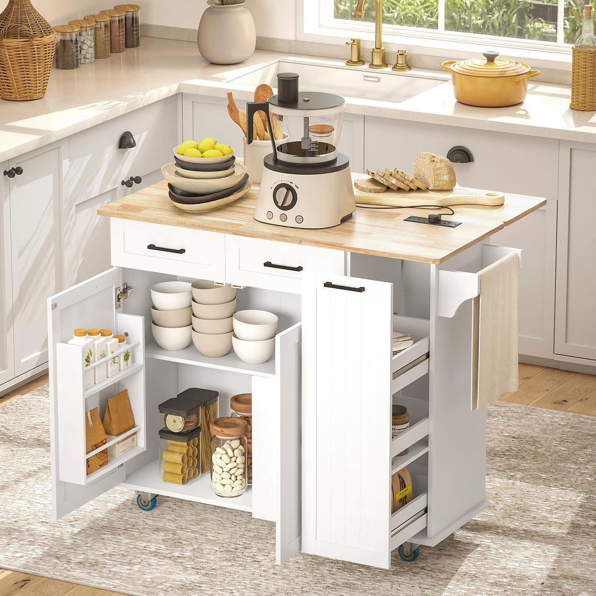 Kitchen Island on Wheels with Wood Drop Leaf – 47"W x 37"H