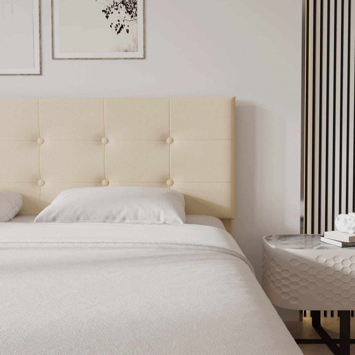Mid-Century Tufted Upholstered Platform Bed – Beige