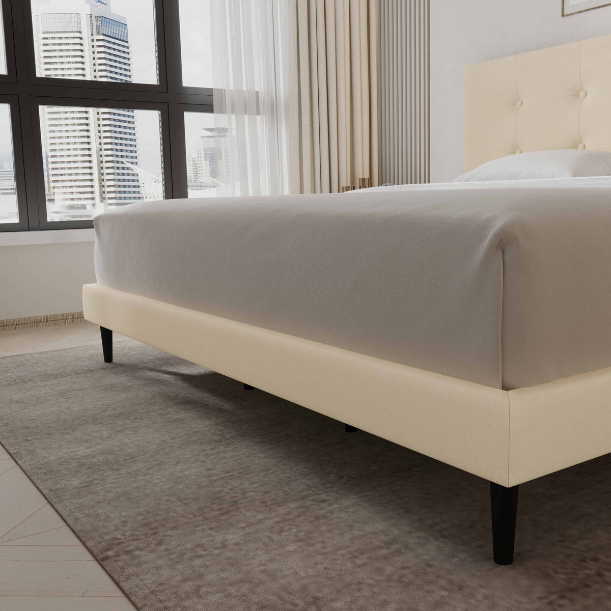 Mid-Century Tufted Upholstered Platform Bed – Beige