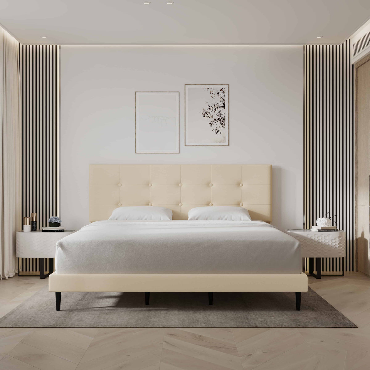 Mid-Century Tufted Upholstered Platform Bed – Beige