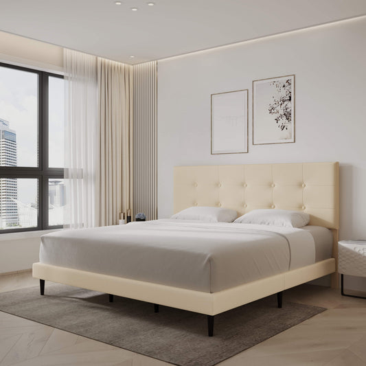Mid-Century Tufted Upholstered Platform Bed – Beige