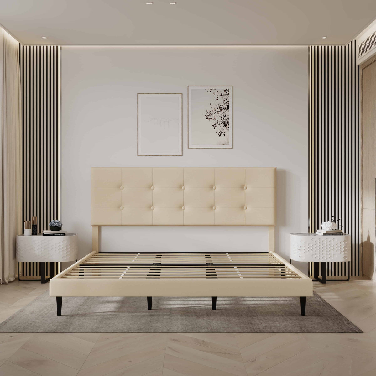 Mid-Century Tufted Upholstered Platform Bed – Beige