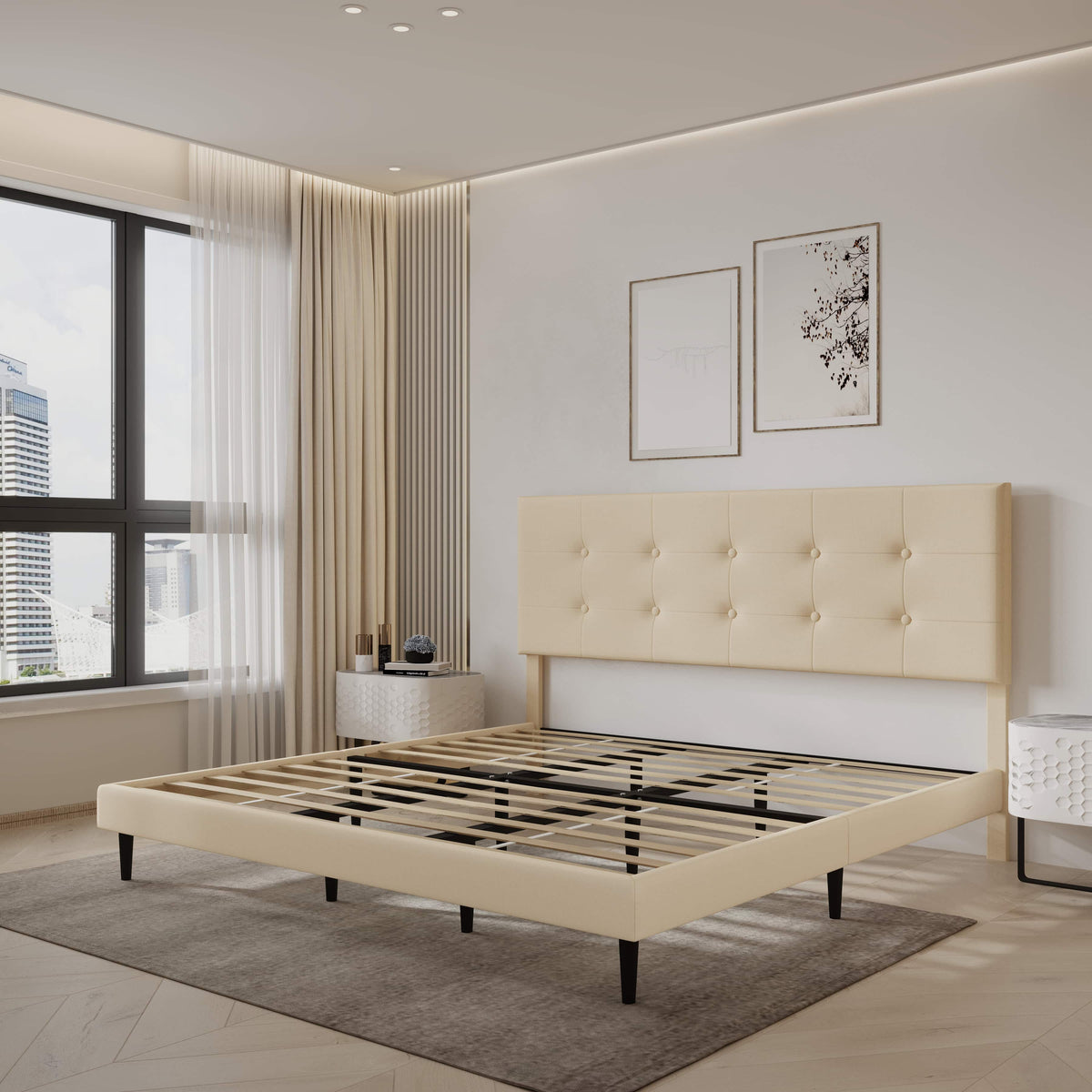 Mid-Century Tufted Upholstered Platform Bed – Beige