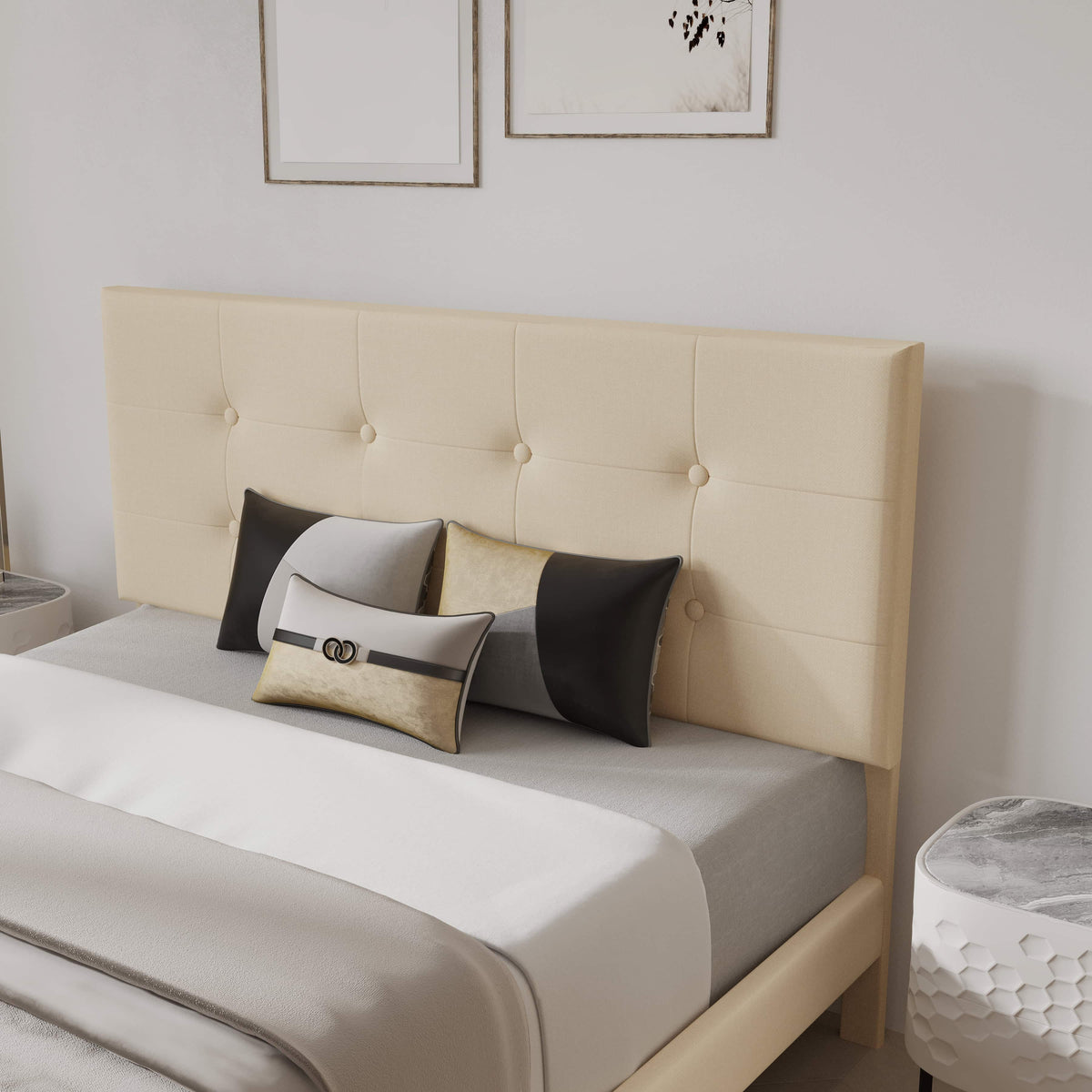 Mid-Century Tufted Upholstered Platform Bed – Beige