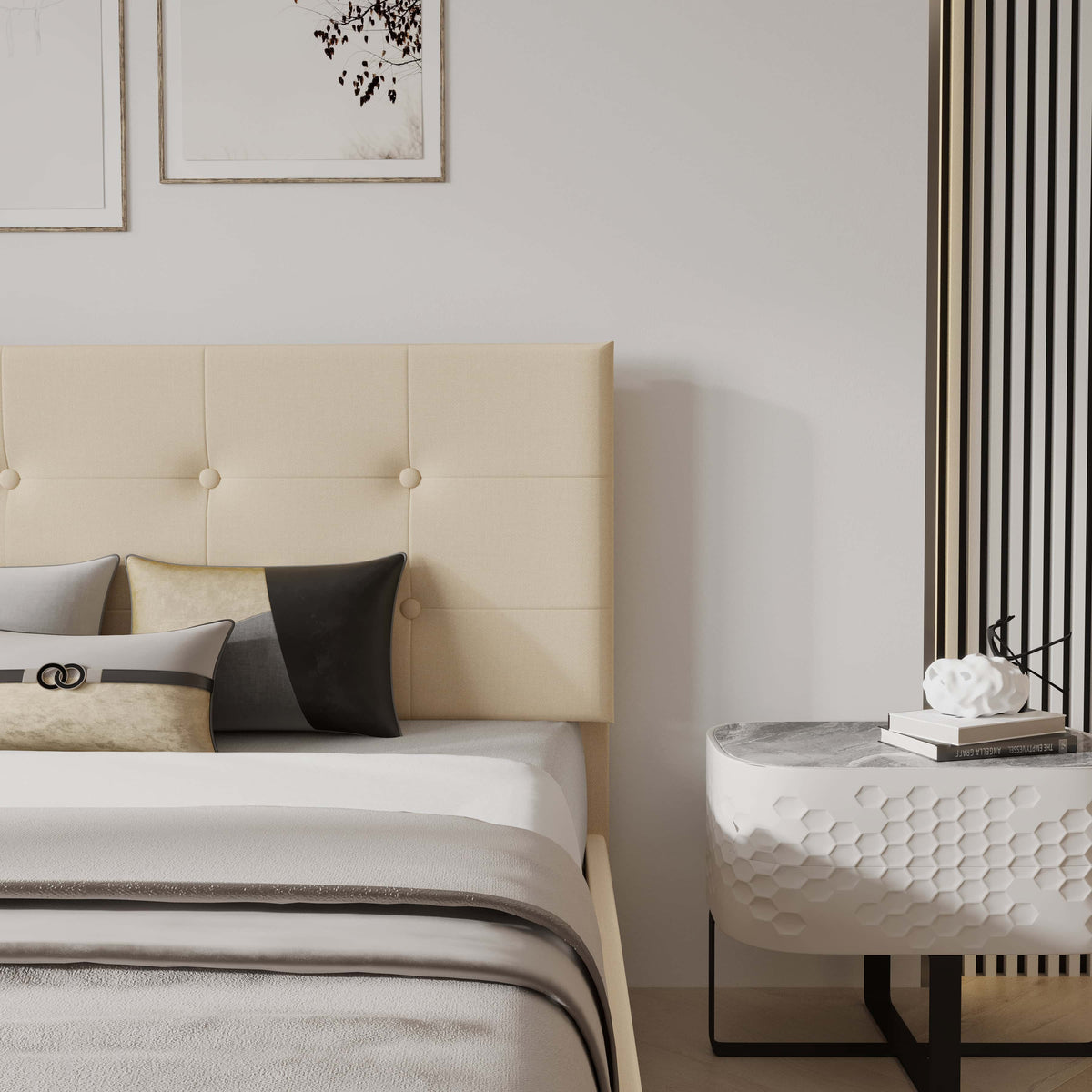 Mid-Century Tufted Upholstered Platform Bed – Beige