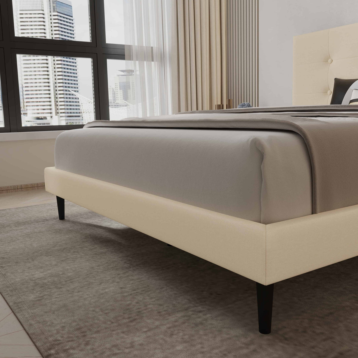 Mid-Century Tufted Upholstered Platform Bed – Beige