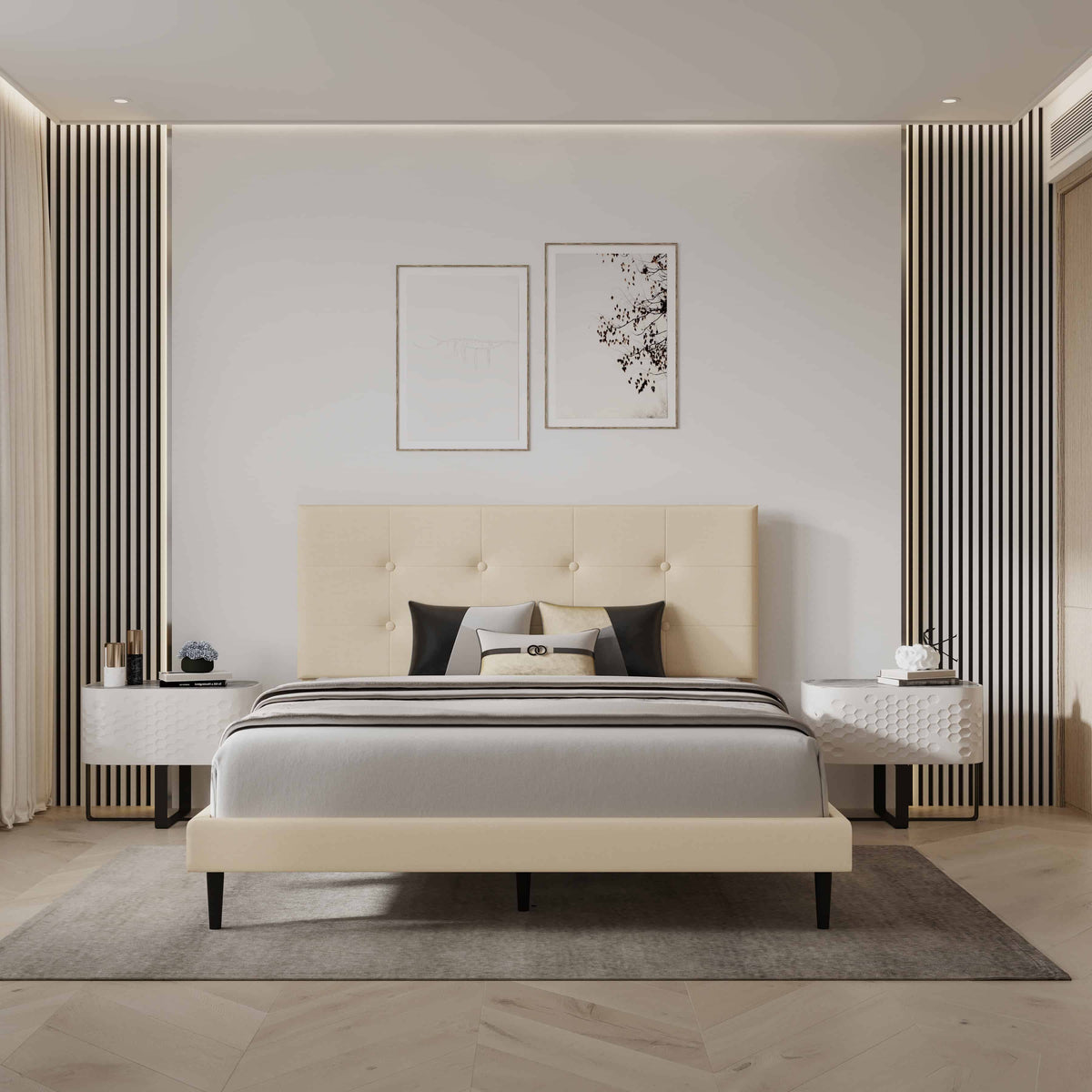 Mid-Century Tufted Upholstered Platform Bed – Beige