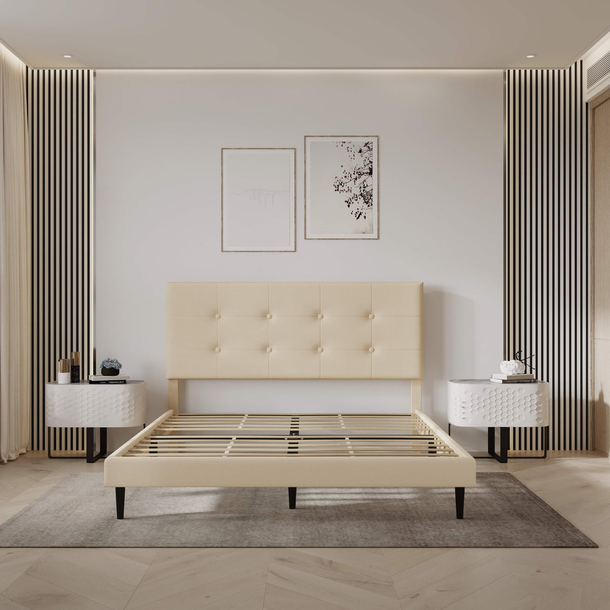 Mid-Century Tufted Upholstered Platform Bed – Beige