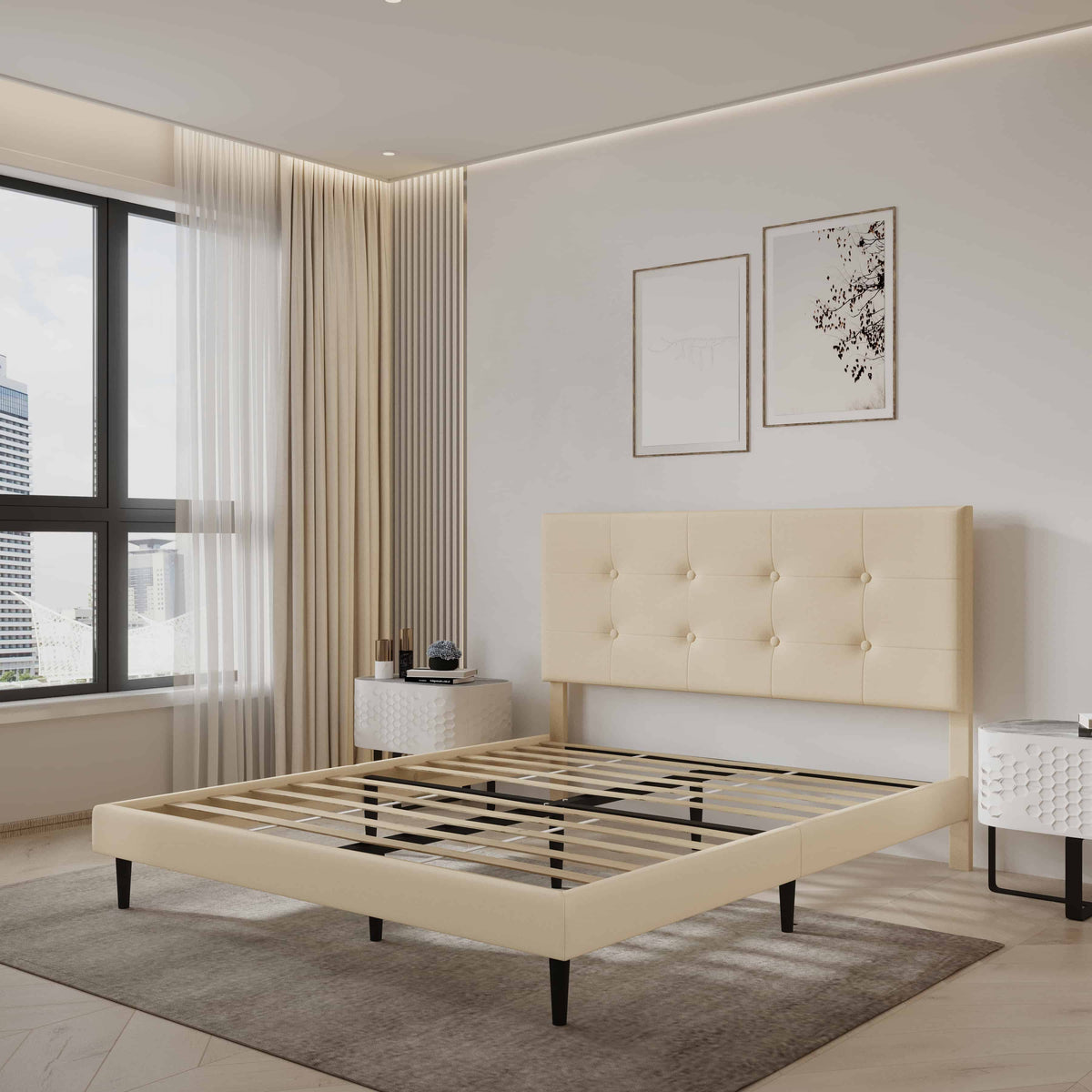 Mid-Century Tufted Upholstered Platform Bed – Beige